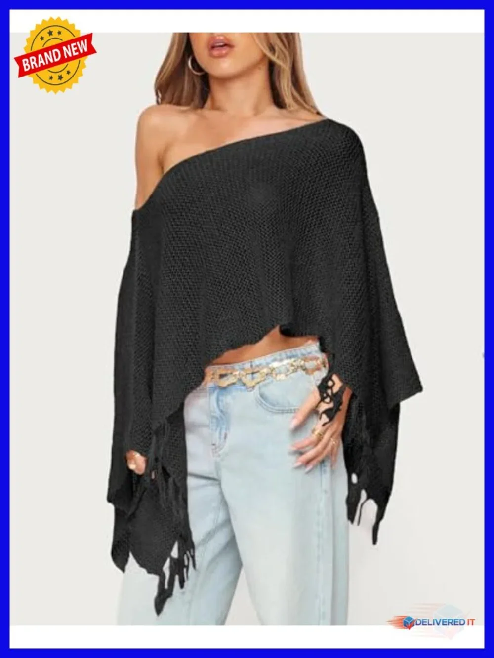 Sheer Knit Poncho, Off Shoulder Boat Neck Fringe Sweater Wrap, Lightweight